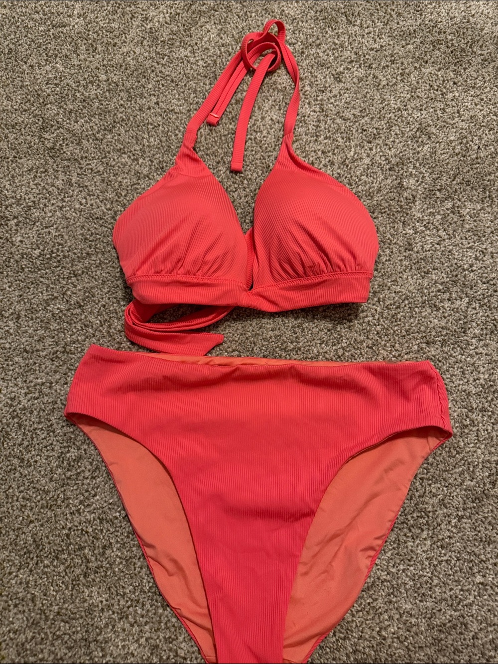 Women's Victoria’s Secret Coral Ribbed Halter Bikini Set large